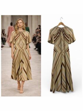 Valentino Brown Tan Midi Dress Silk Chevron Stripe Flutter Sleeve 2 Cocktail 🟡